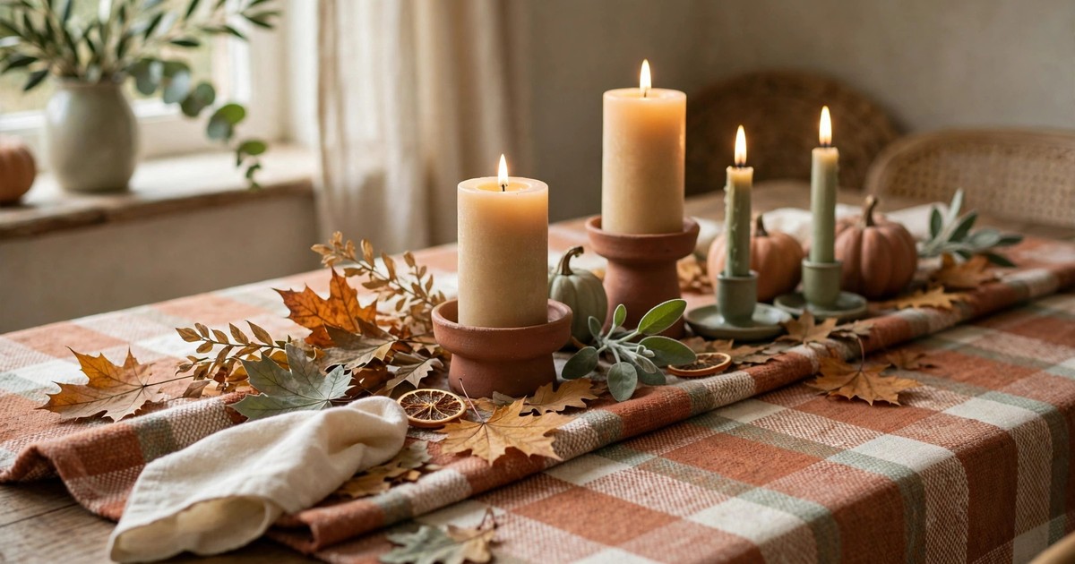 A warm plaid table runner with candles and autumn leaves on a Thanksgiving table