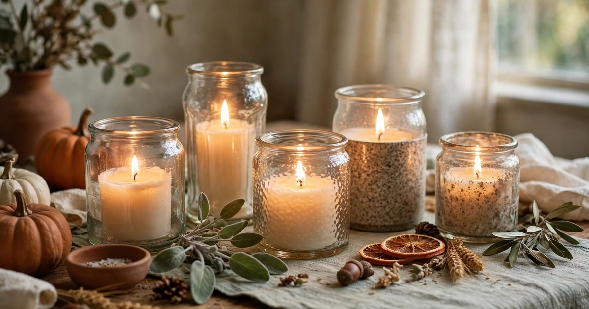 Candles in mismatched glass jars glowing on a Thanksgiving table