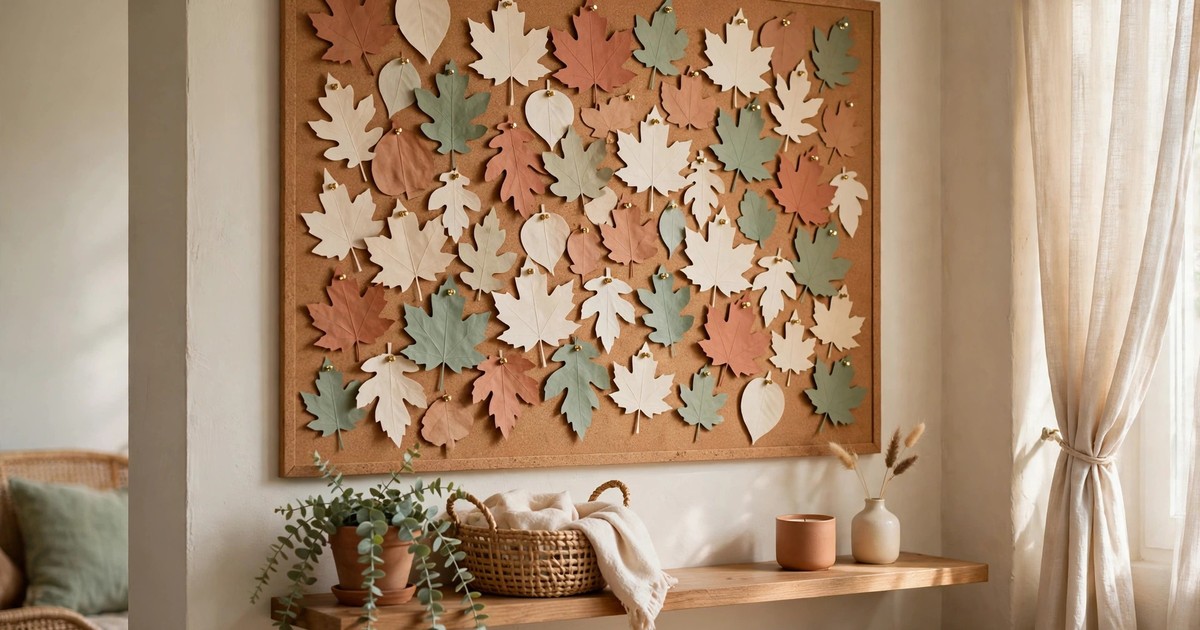 A gratitude wall with paper leaves pinned to a board in an apartment