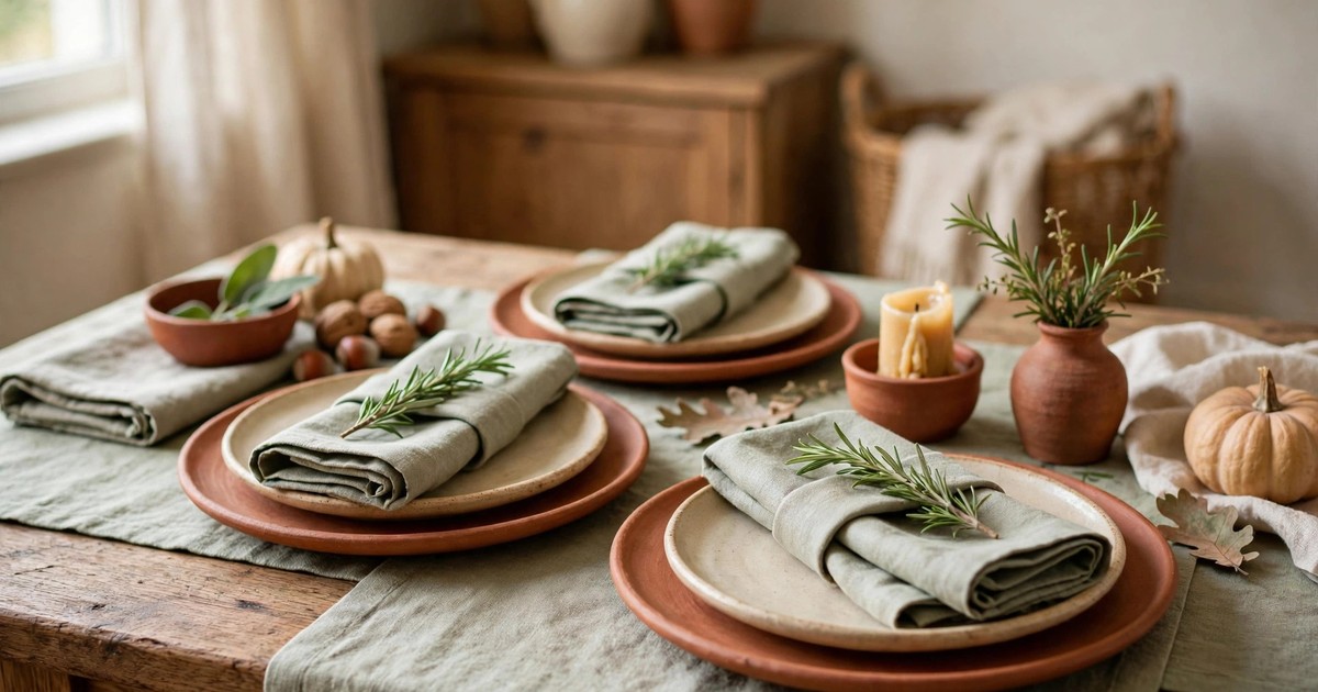 Elegantly folded napkins with a sprig of rosemary at a Thanksgiving table setting