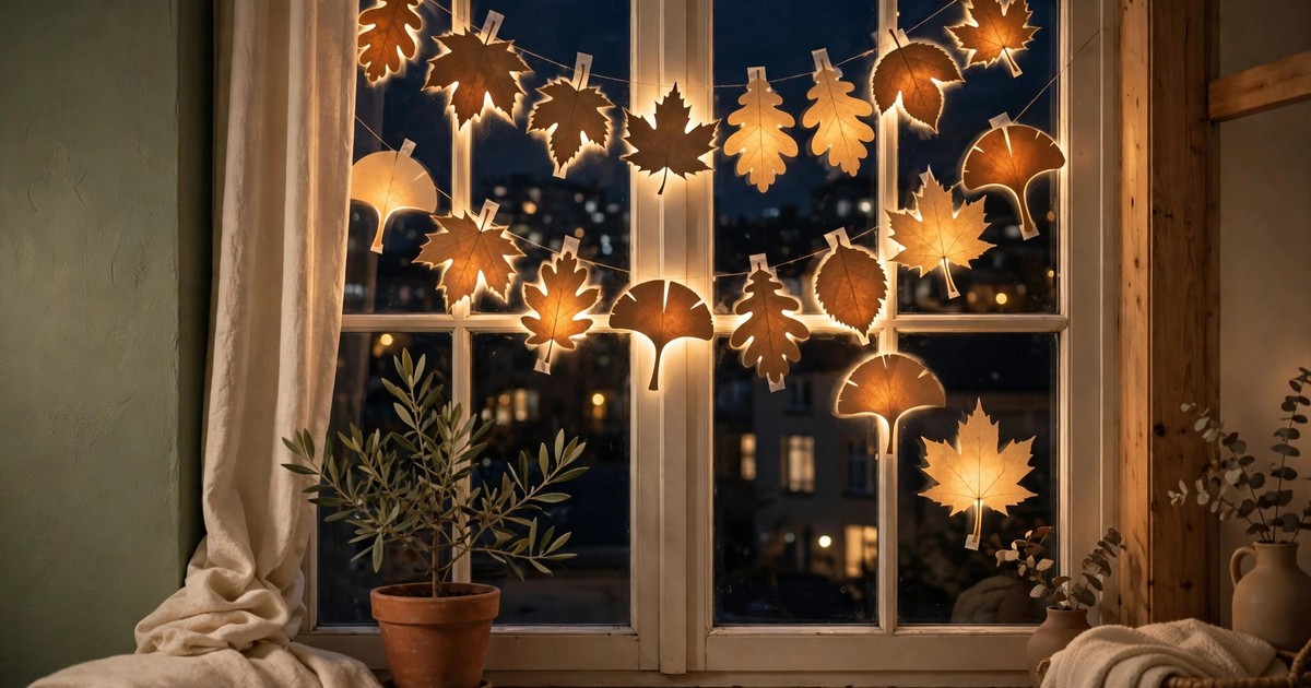 Warm paper leaf silhouettes glowing in an apartment window at night