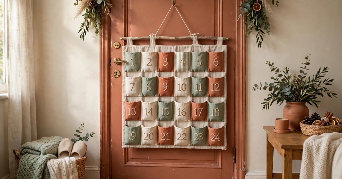 A fabric advent calendar with numbered pockets hanging on an apartment door