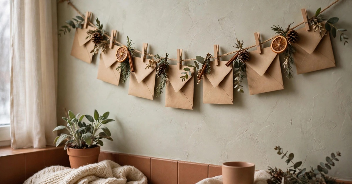 Small kraft envelopes pegged to a string garland along a small apartment wall