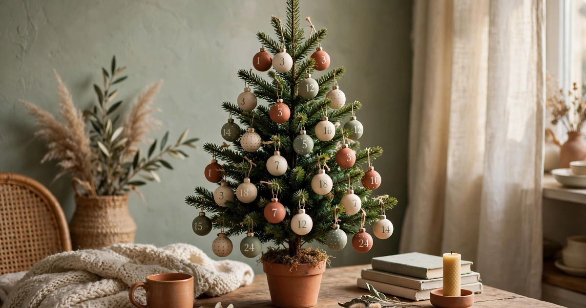 A small tabletop Christmas tree decorated with numbered mini ornaments in a small apartment