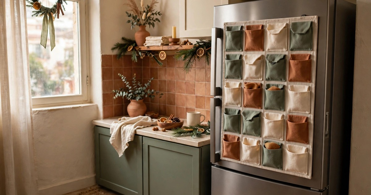 A magnetic advent calendar board on a fridge in a small apartment kitchen