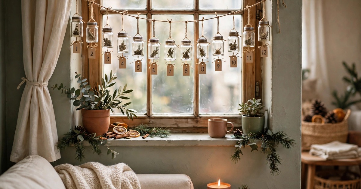 Tiny numbered glass jars hanging as a garland across a small apartment window frame