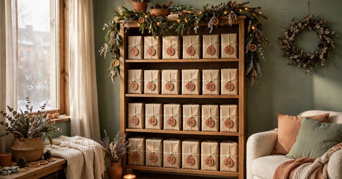 A bookshelf with wrapped books numbered for an advent countdown in a cozy apartment