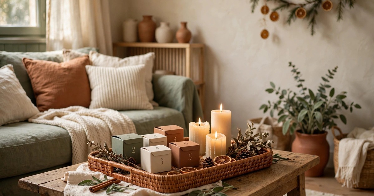 A decorative tray on a coffee table holding numbered advent boxes and candles in a small apartment