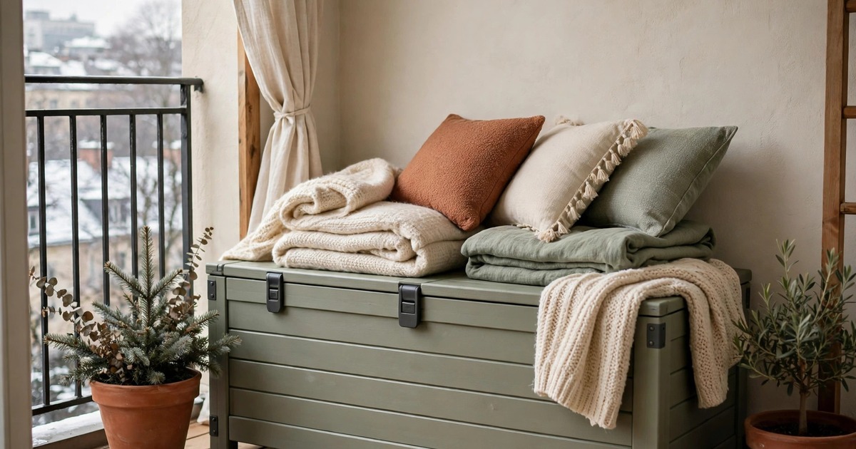 A weatherproof storage bench holding cushions and blankets on a small winter balcony