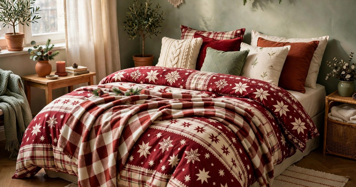 A small apartment bedroom with festive bedding in deep red and cream with a plaid throw