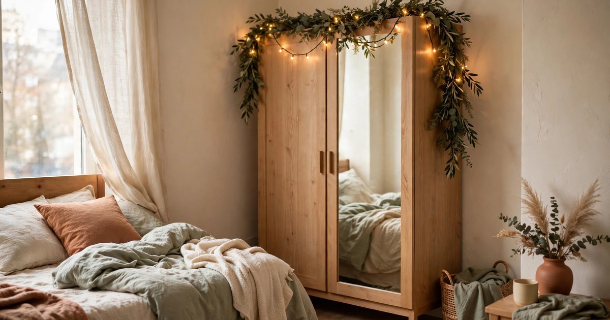 Greenery garland with warm fairy lights draped along a bedroom mirror in a small apartment