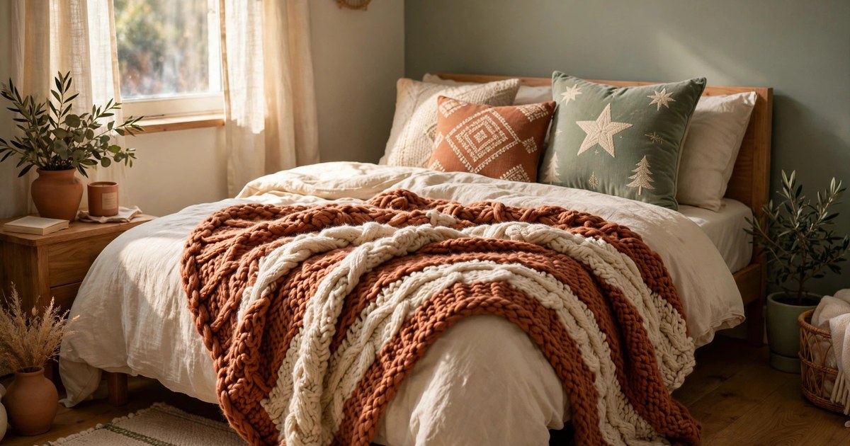 A cozy small bedroom bed layered with a chunky terracotta throw and festive cushions