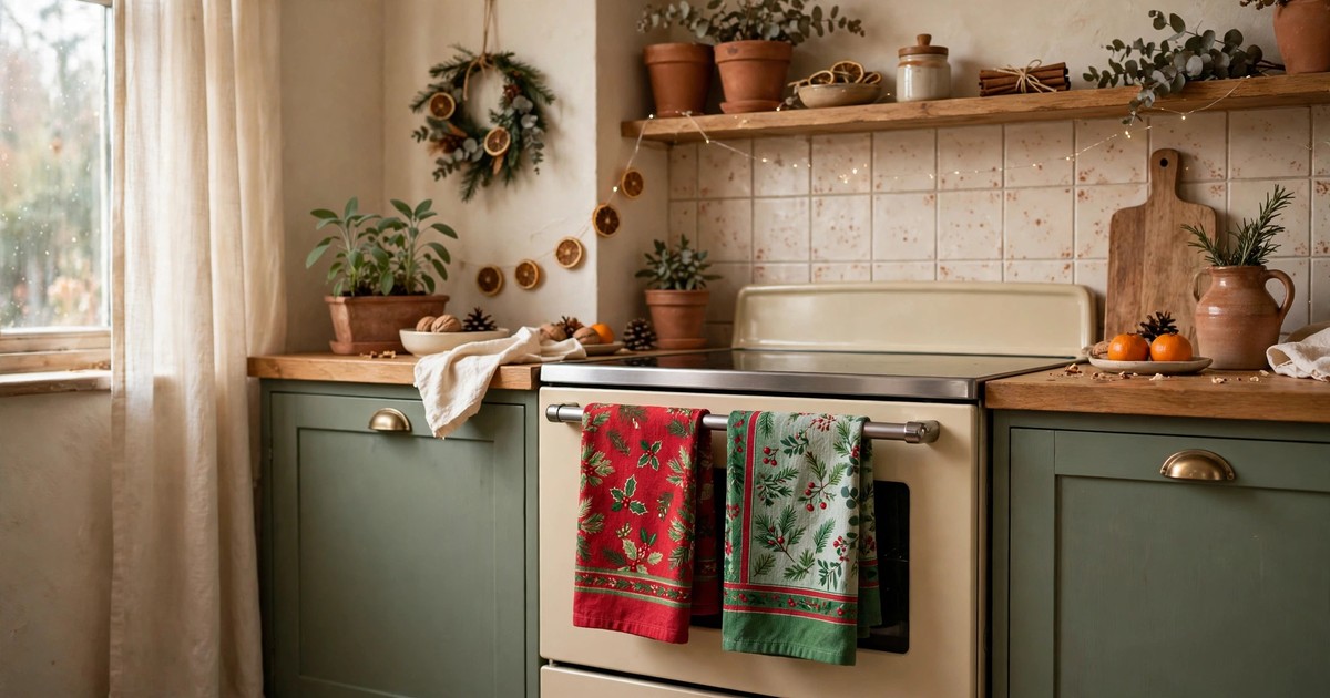 Festive red and green tea towels hanging on an oven handle in a small Christmas kitchen