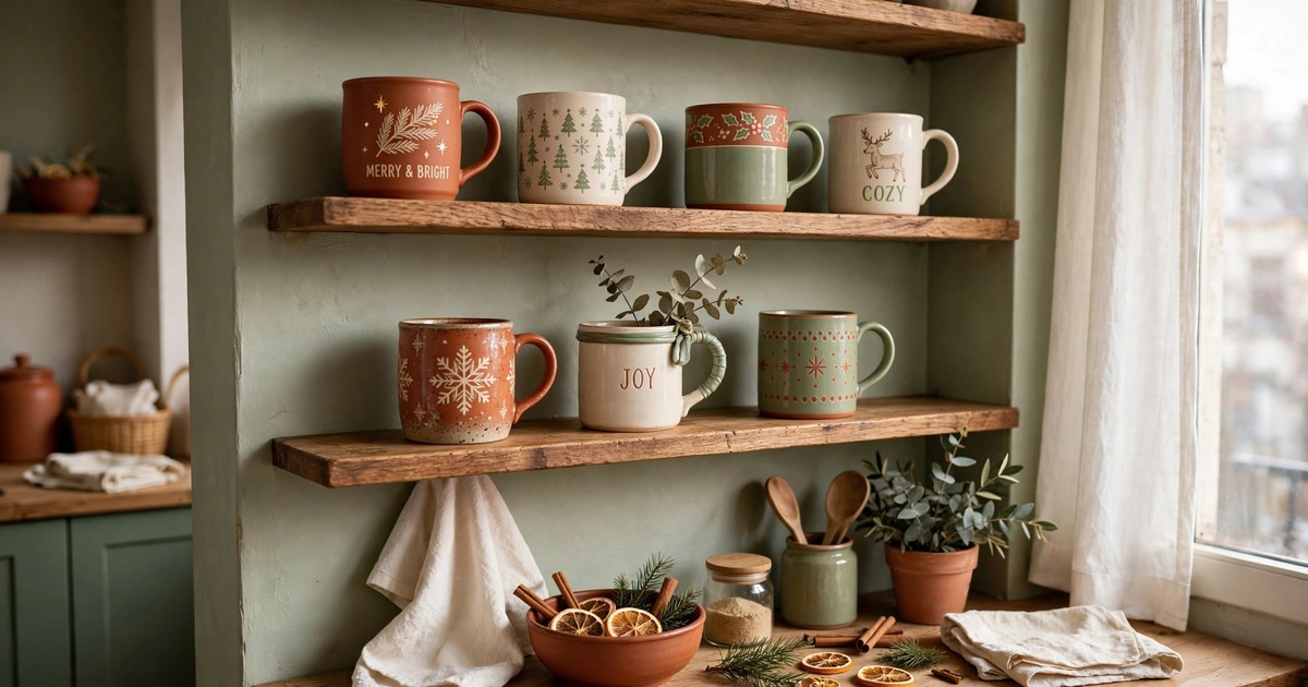 Festive Christmas mugs displayed on open kitchen shelving in a small apartment