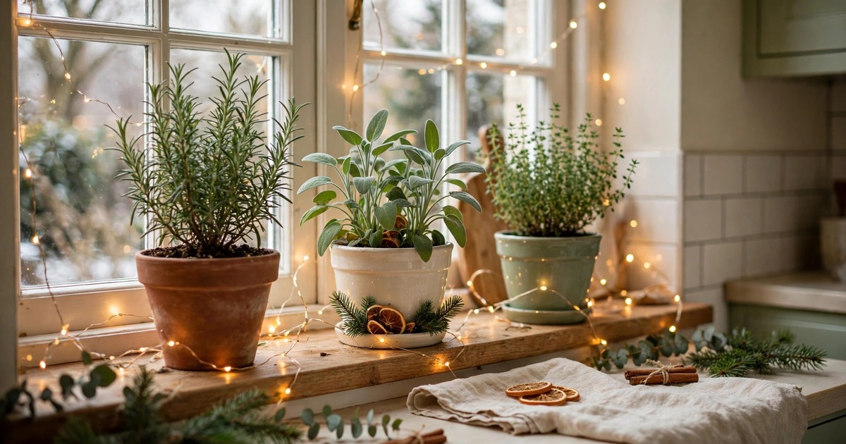 Potted herbs on a kitchen windowsill decorated with tiny fairy lights for Christmas