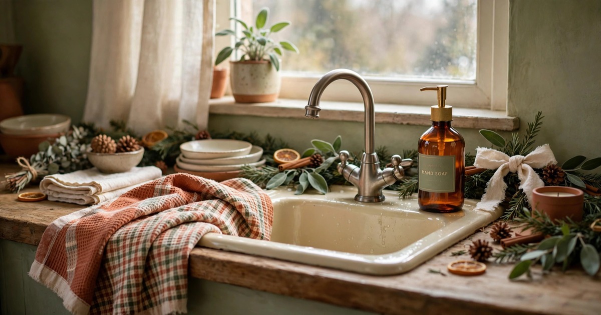 A festive hand towel and amber soap dispenser by a small kitchen sink decorated for Christmas