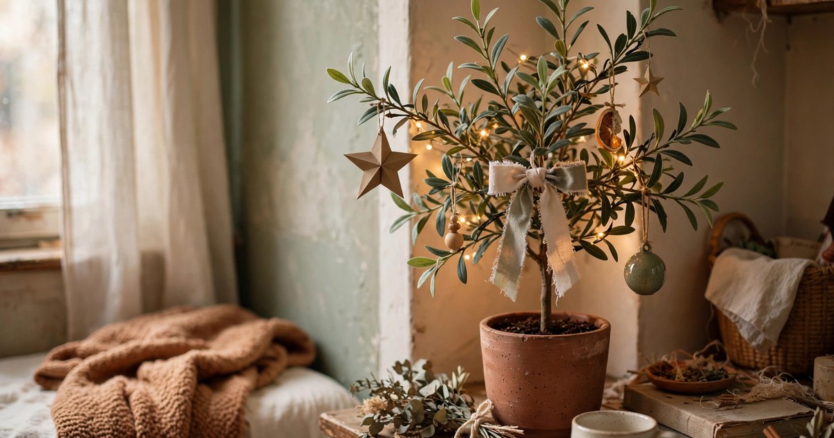 A houseplant dressed up for Christmas with a paper star and ribbon