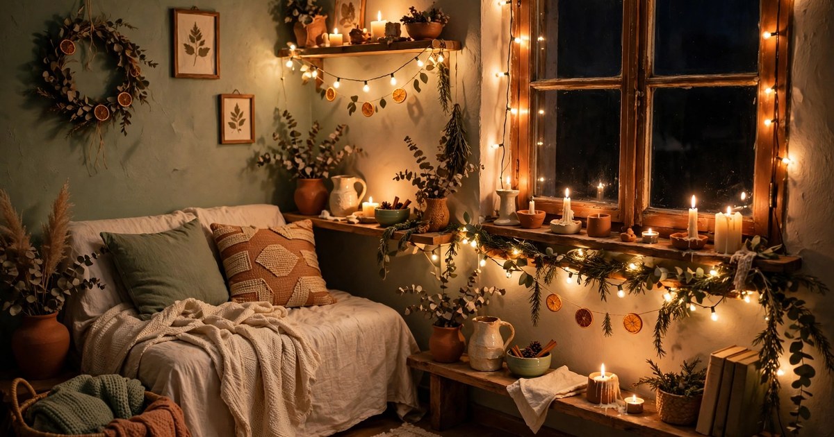 A small apartment living room glowing with warm string lights and candles