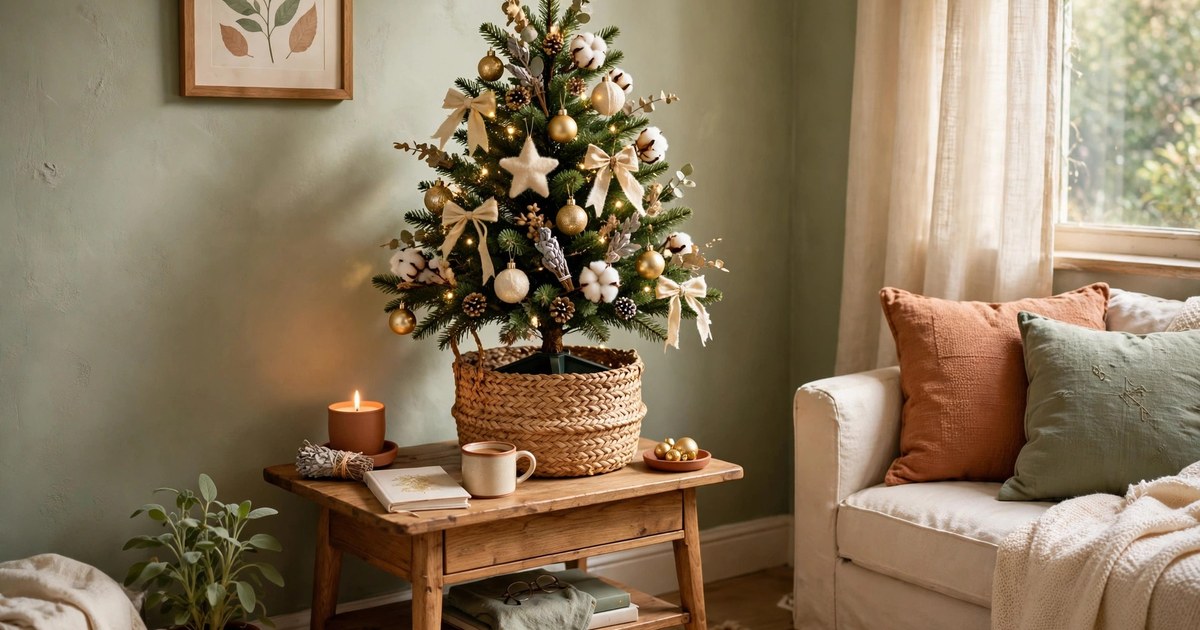 Three-foot tabletop Christmas tree in a woven seagrass basket on a side table in a small living room