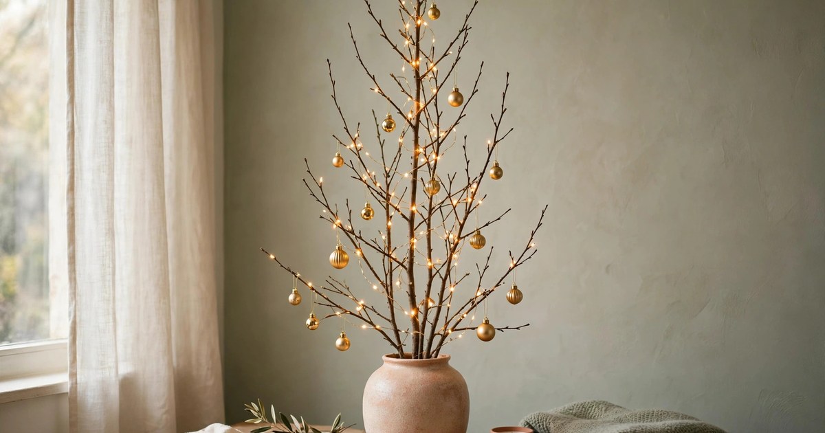 Tall bare branches with fairy lights and small gold ornaments in a ceramic vase as a minimalist Christmas tree