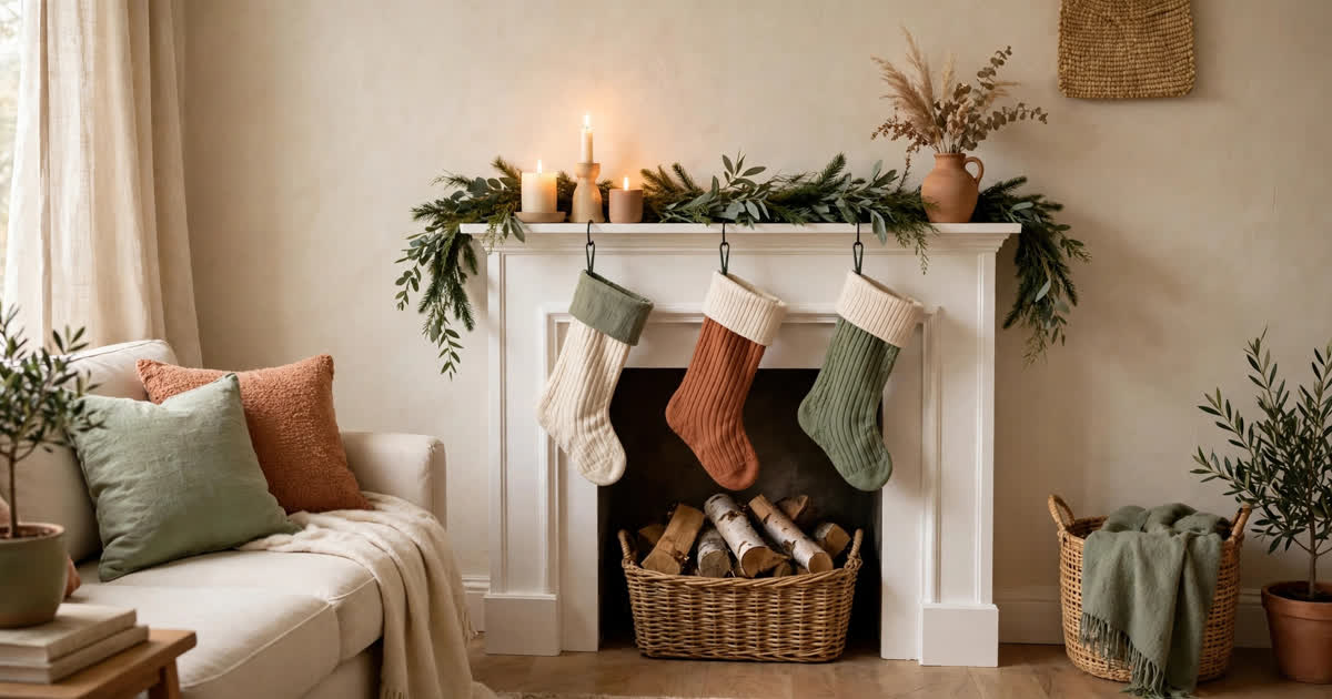 A white freestanding faux mantel shelf styled with garland, candles and stockings in a small apartment