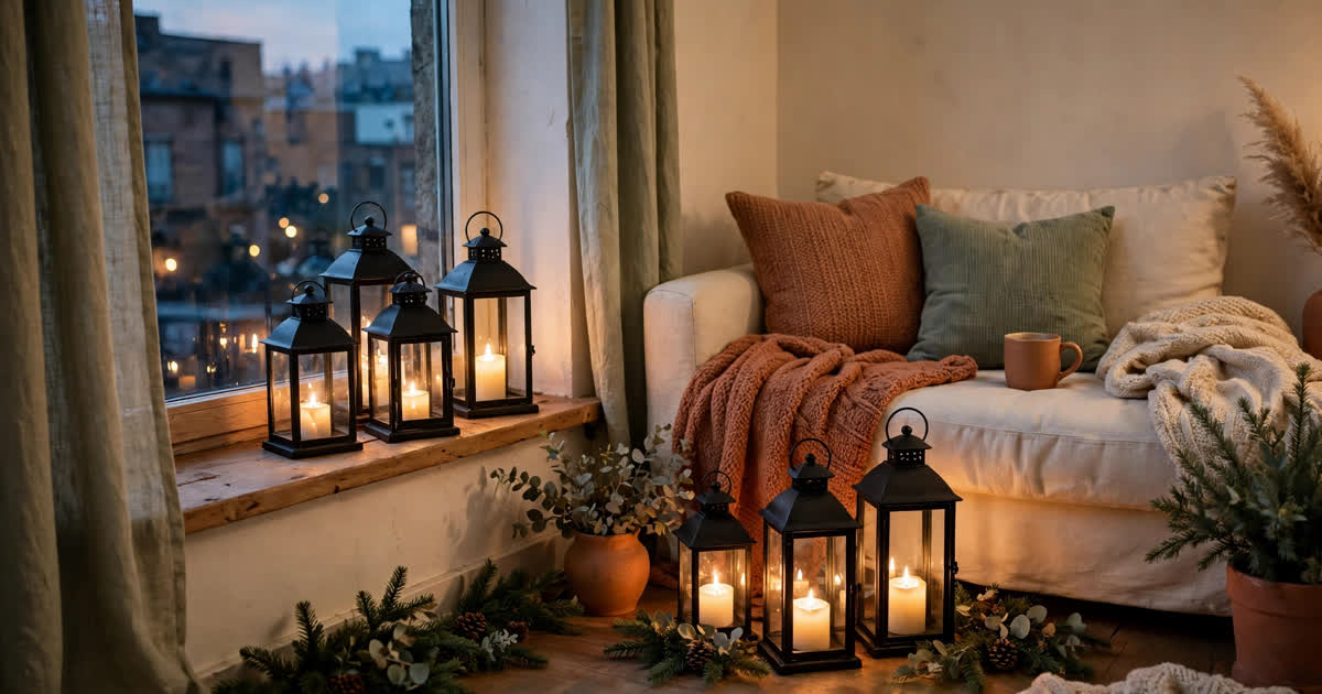 Warm glowing lanterns with LED flame candles arranged on a small apartment windowsill and floor