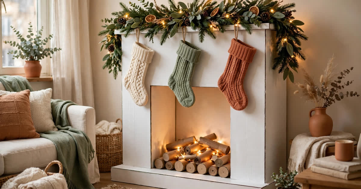 A DIY cardboard fireplace painted white with stockings and garland in a small apartment at Christmas