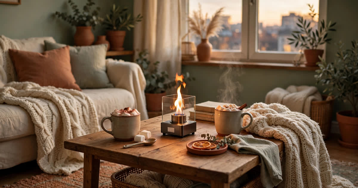 A small tabletop ethanol fireplace with a real flame on a coffee table in a cozy apartment