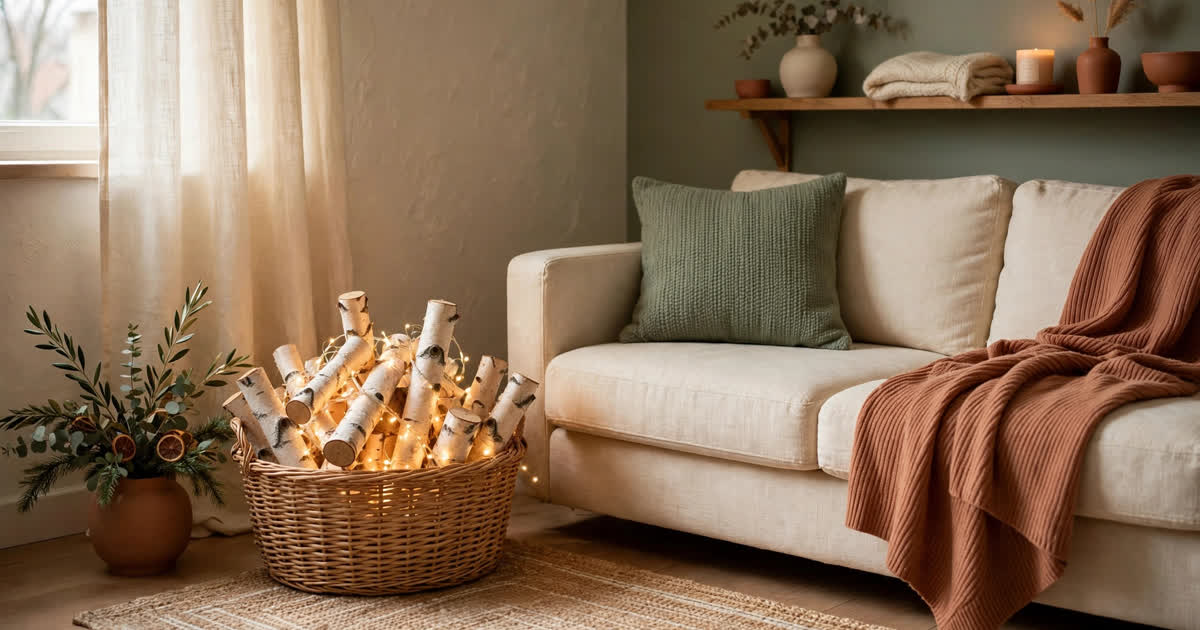 A wicker basket filled with birch logs wrapped in warm fairy lights beside a small apartment sofa