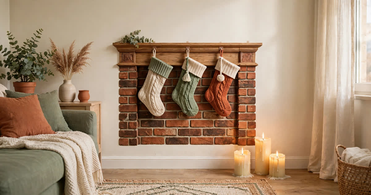 A peel-and-stick fireplace wall decal on a small apartment wall with stockings hung on removable hooks