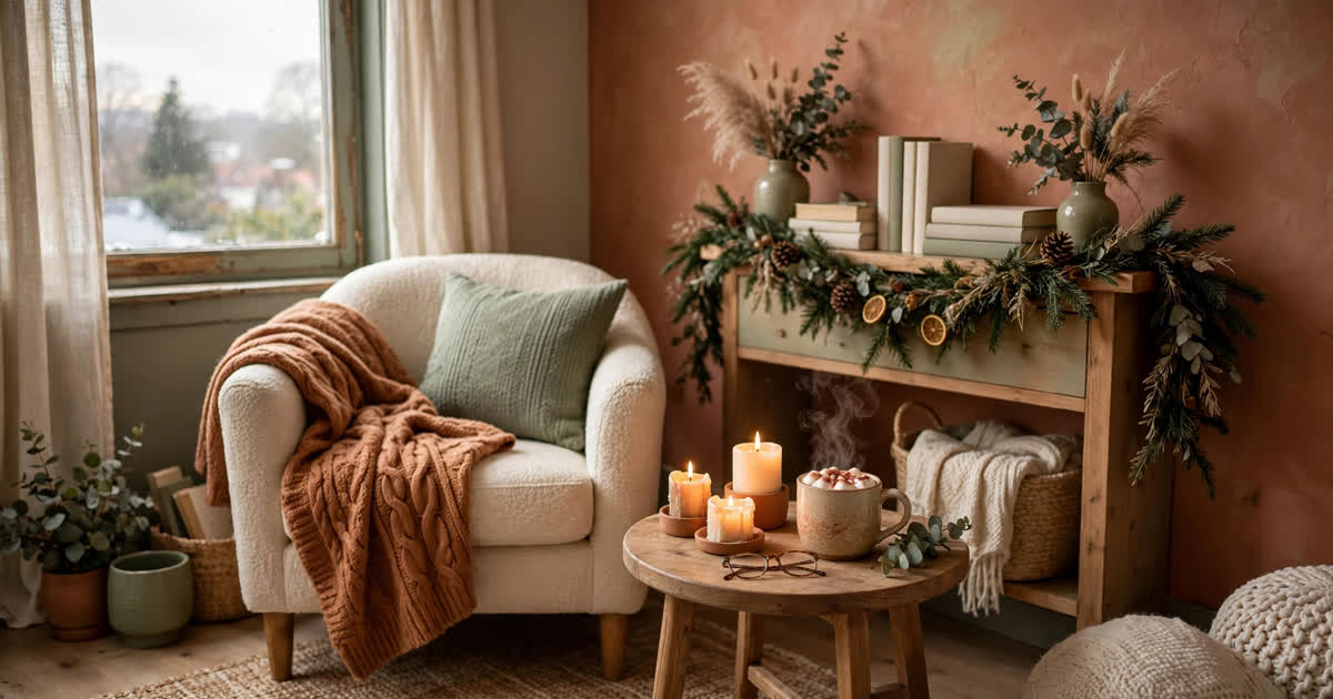 A cozy small apartment corner with a chunky knit throw, candles and hot cocoa, styled as a fireplace-free Christmas nook
