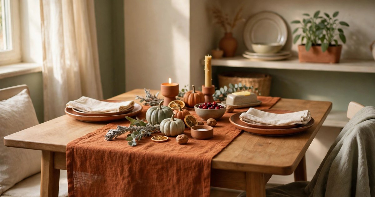 A warm rust linen-look table runner down the centre of a small apartment Thanksgiving table