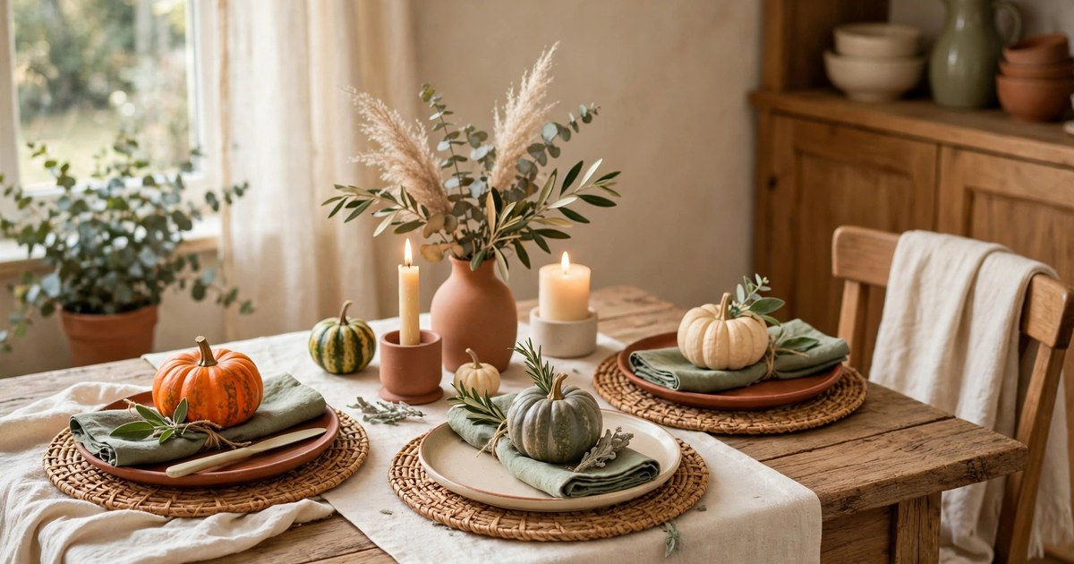 Mini pumpkins and gourds used as place markers on a small Thanksgiving table setting