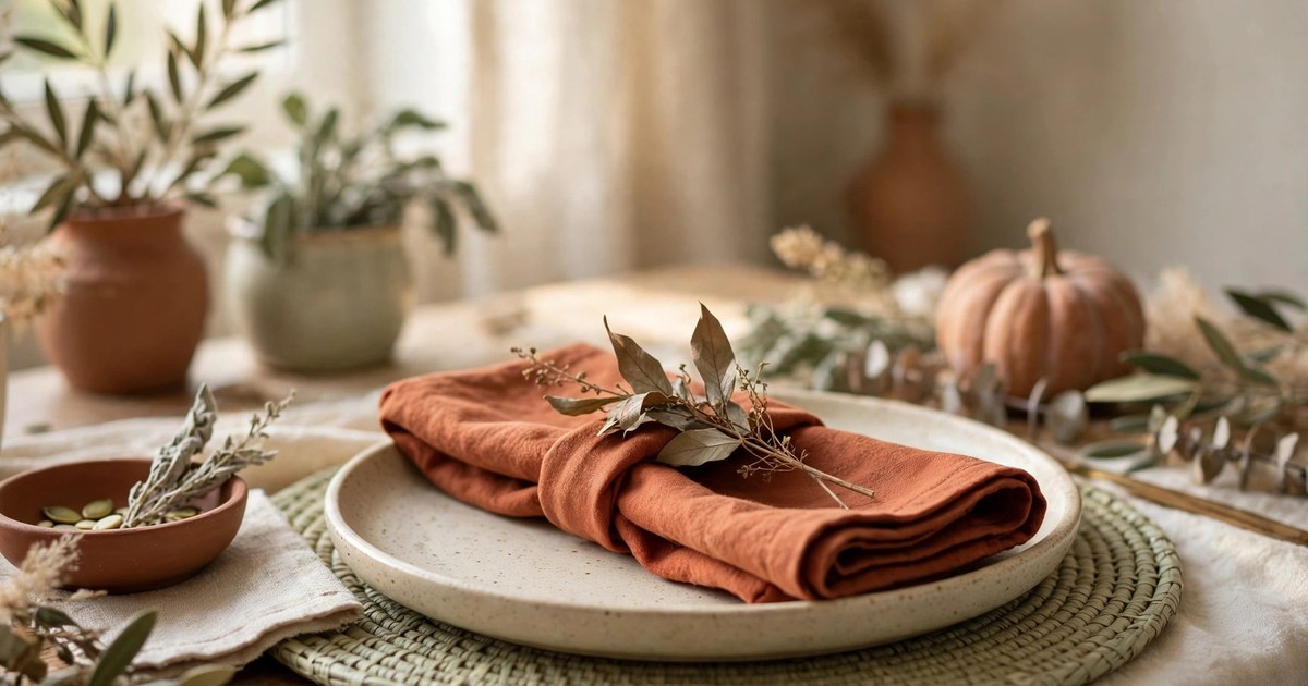 Folded rust cloth napkins with a sprig of dried leaves on a Thanksgiving place setting