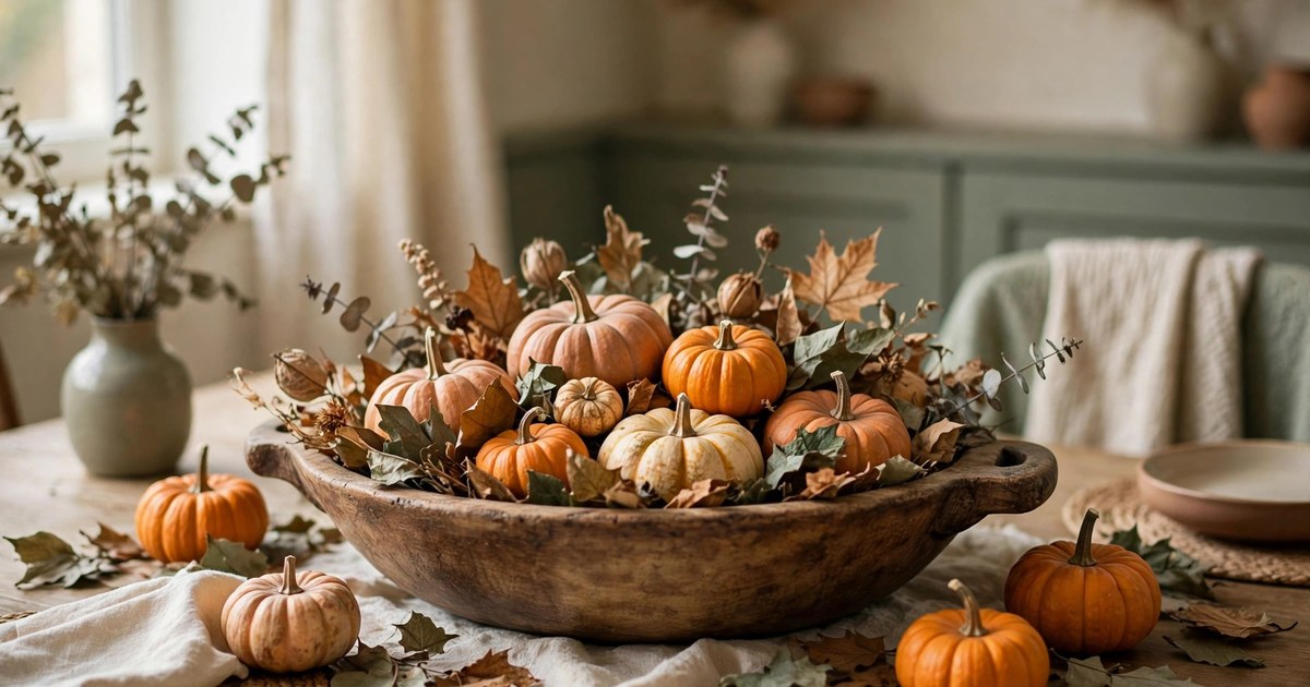 A low wooden dough bowl filled with mini pumpkins and dried leaves as a Thanksgiving centrepiece