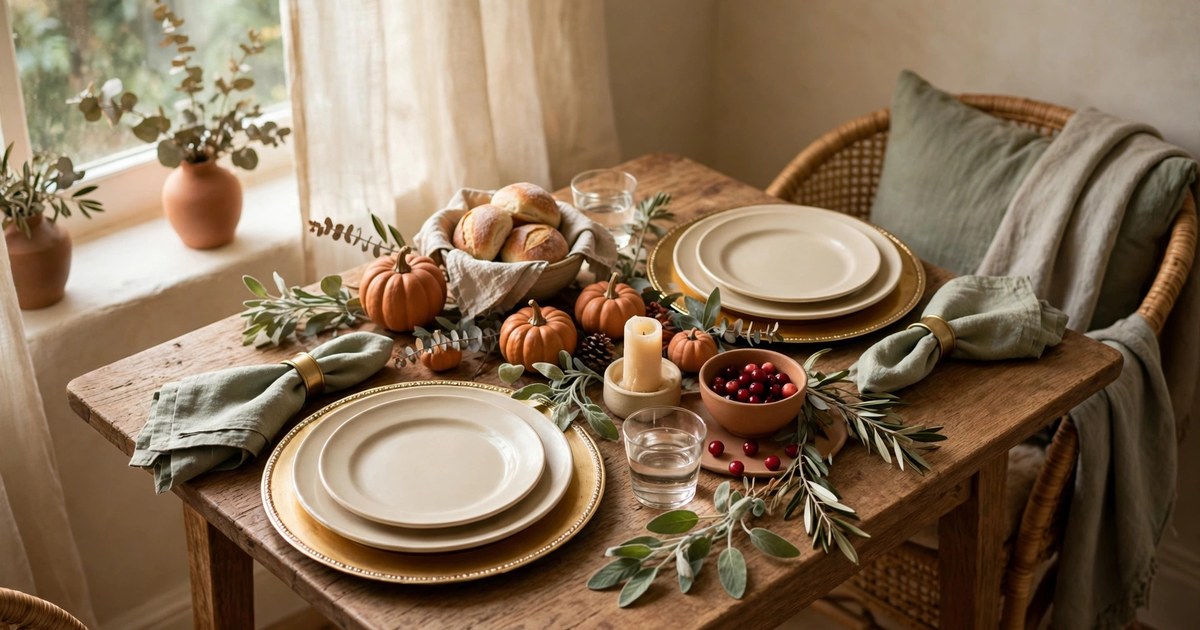 Gold-rimmed charger plates layered under dinner plates on a small Thanksgiving table