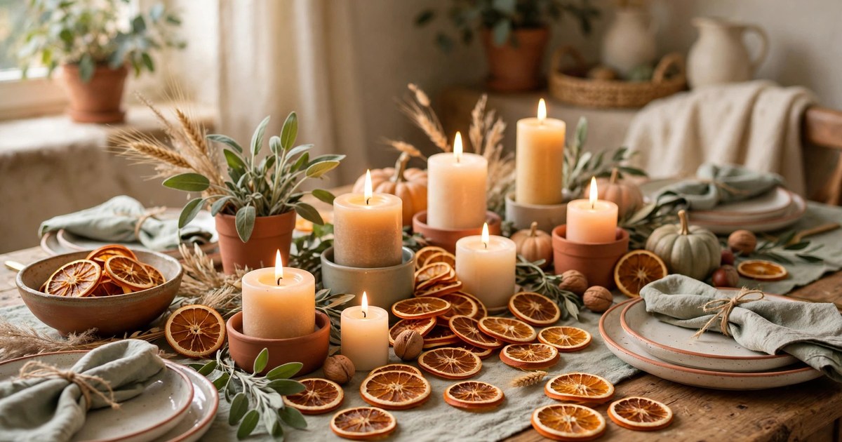 Dried orange slices scattered among candles on a Thanksgiving table setting