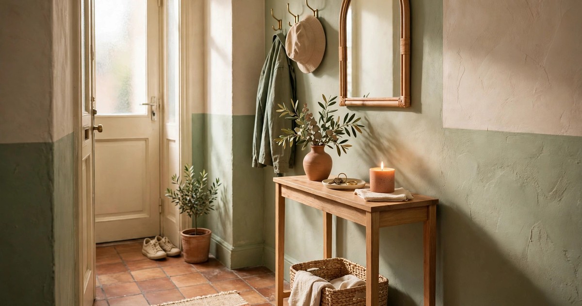 A slim console table with a storage basket underneath in a narrow apartment entryway