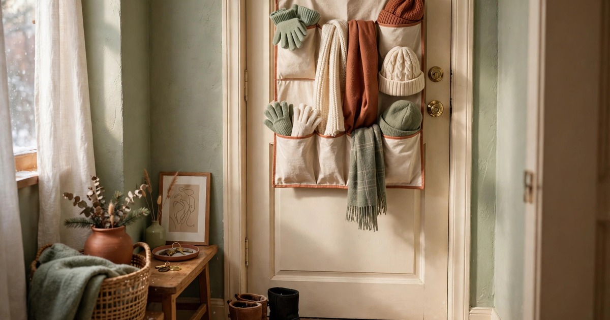 An over-door organizer holding gloves scarves and hats on an apartment front door