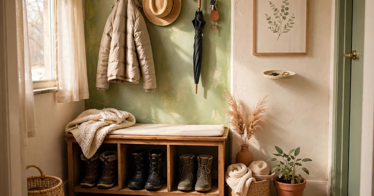 A narrow shoe bench with storage for winter boots in a small apartment entryway