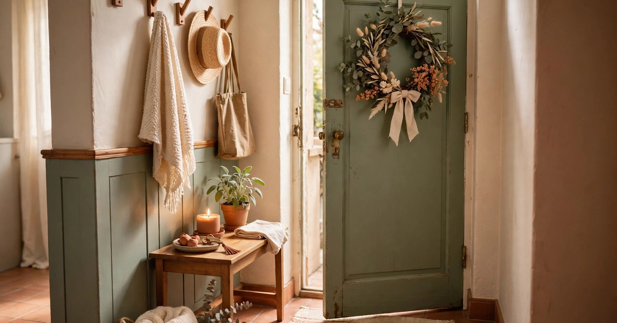 A cozy small apartment entryway with warm lighting a wreath and a candle