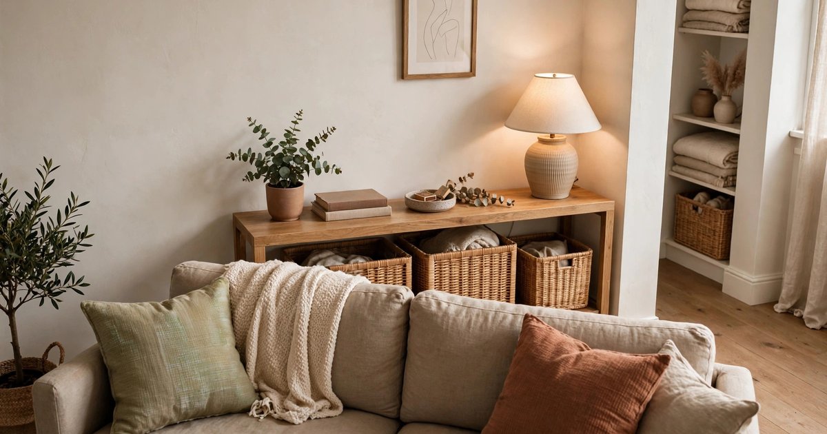 A console table behind the sofa