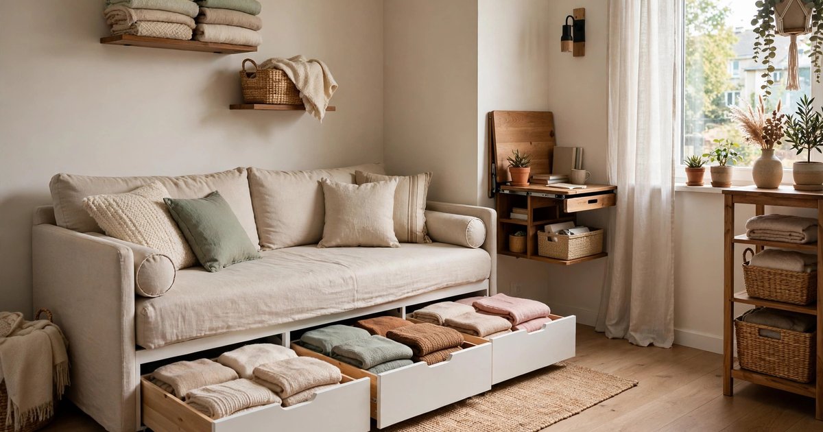 A daybed-style sofa with under-seat storage