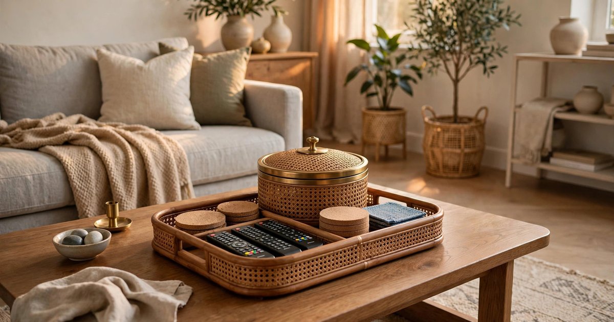A lidded tray on the coffee table/ottoman