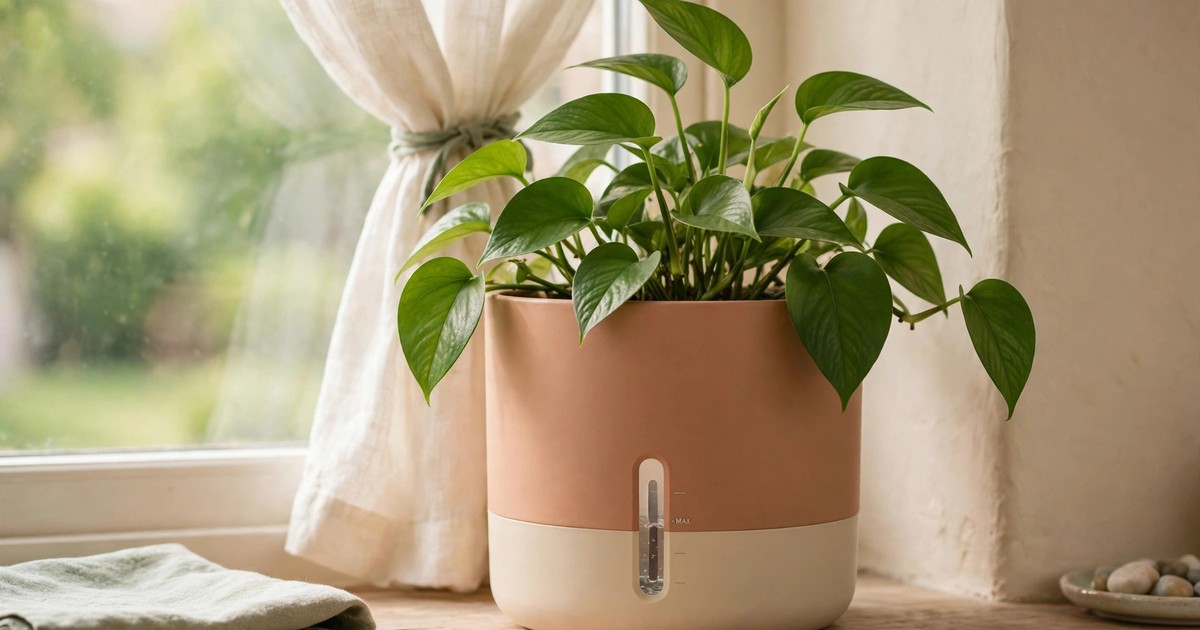 A self-watering windowsill pot with a green plant on a bright sill