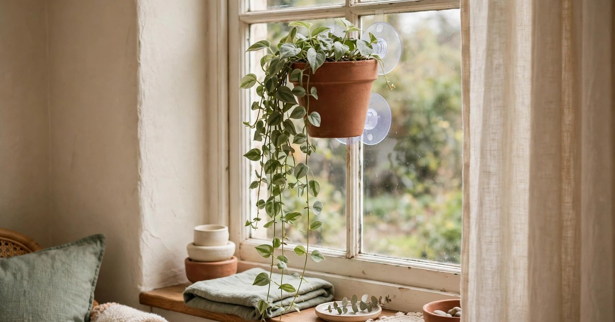 A suction-cup planter attached to a window with a trailing plant