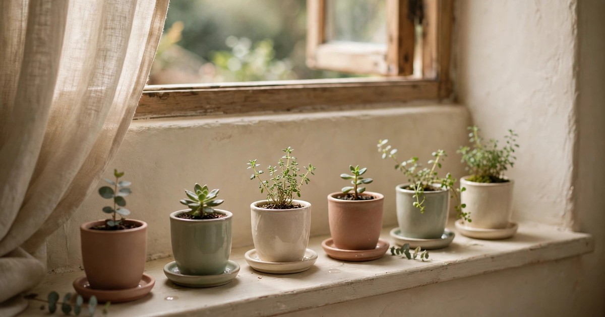 Small slim ceramic pots with saucers lined up on a narrow windowsill