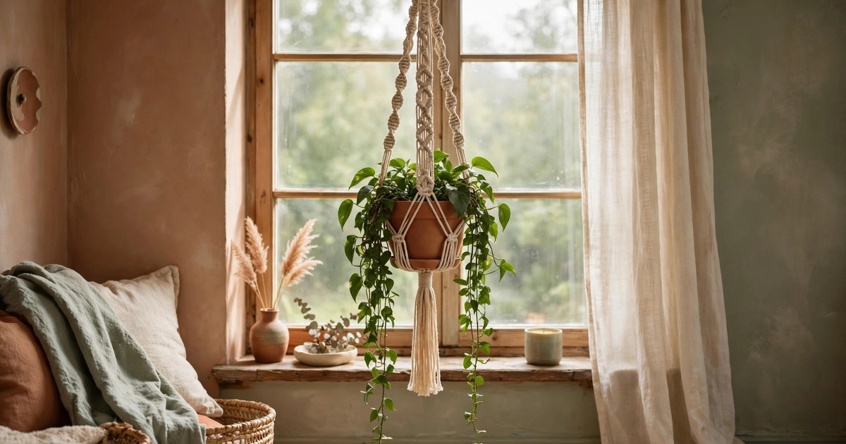 A macramé hanging planter with a trailing plant in front of a window