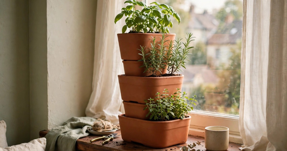 A stackable vertical planter with herbs on a deep apartment windowsill