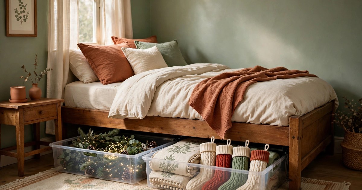 Clear under-bed storage bins filled with Christmas decor sliding under a bed